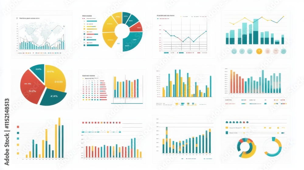 A diverse set of colorful data visualizations showcasing various chart types and trends.