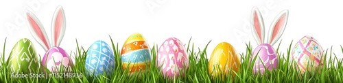 Vector realistic border with colorful Easter eggs and bunny ears on green grass, isolated on a transparent background, photo