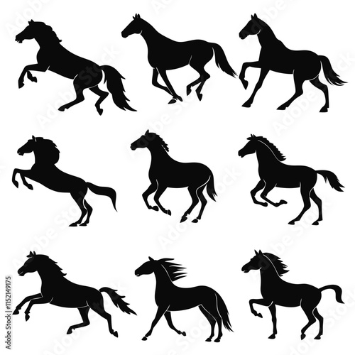 Majestic Horse Silhouettes: A collection of dynamic and elegant horse silhouettes, each capturing the essence of speed, strength, and freedom, perfect for design and artistic projects.