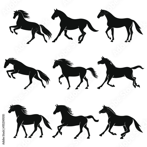 Dynamic Horses Silhouette Set: A collection of elegant black horse silhouettes in various poses, illustrating movement and grace, perfect for design elements or thematic projects.