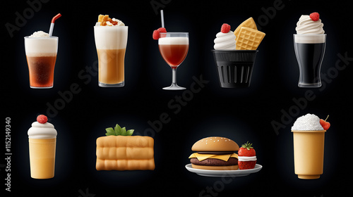 A collection of food icons including refreshing beverages, ice cream, and a delicious burger, all in vibrant and appetizing 3D designs. photo