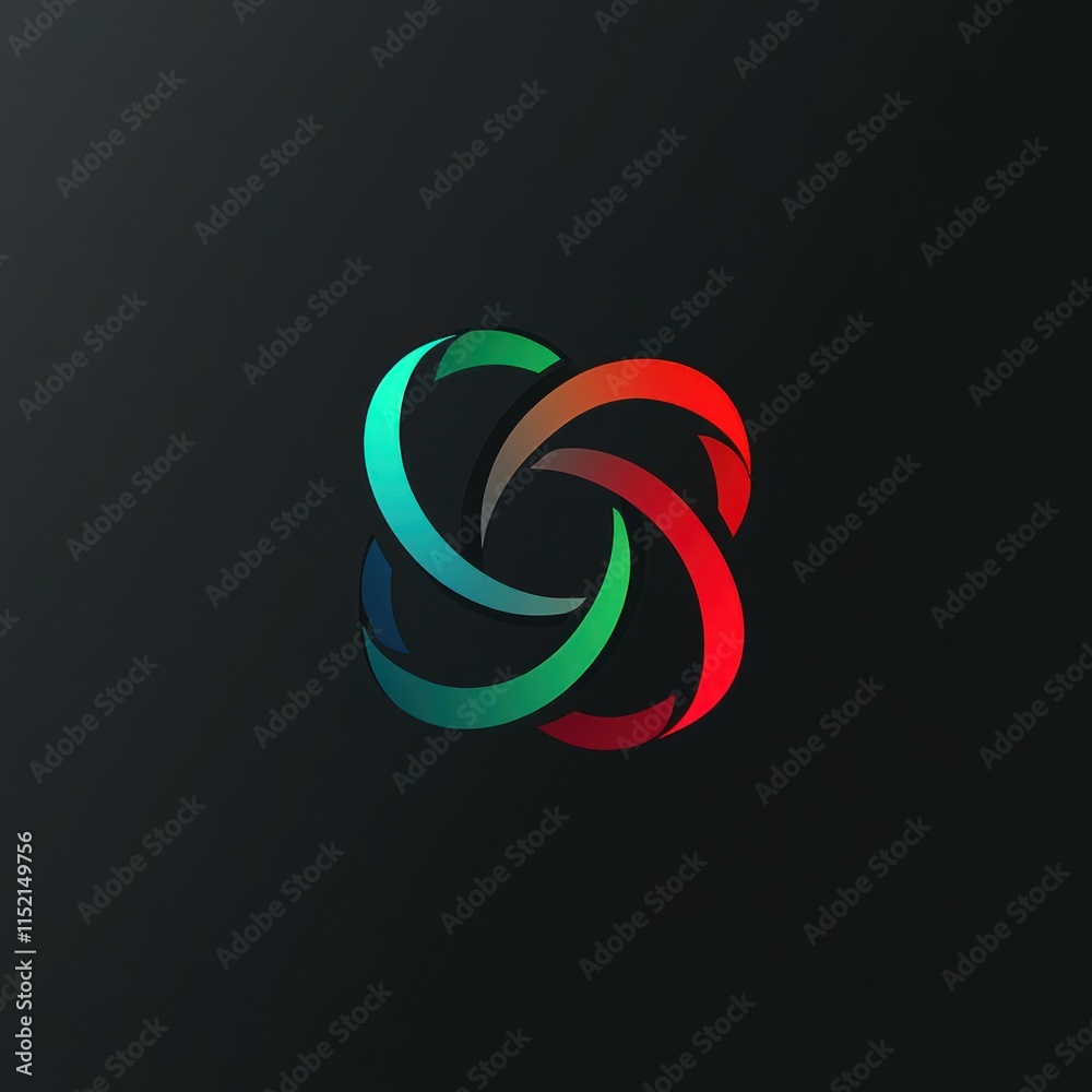 Abstract colorful logo design with four interconnected curved elements on dark background. Abstract colorful logo design with four interconnected curved elements on dark background.