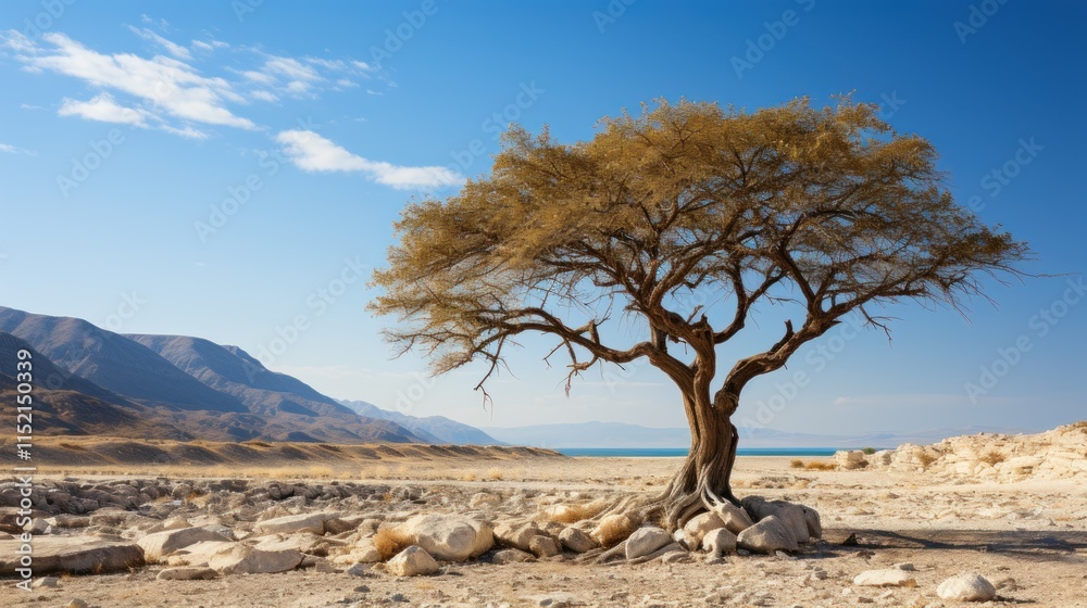 Solitary Desert Tree Near a Calm Lake Under a Clear Sky Solitary Desert Tree Near a Calm Lake Under a Clear Sky