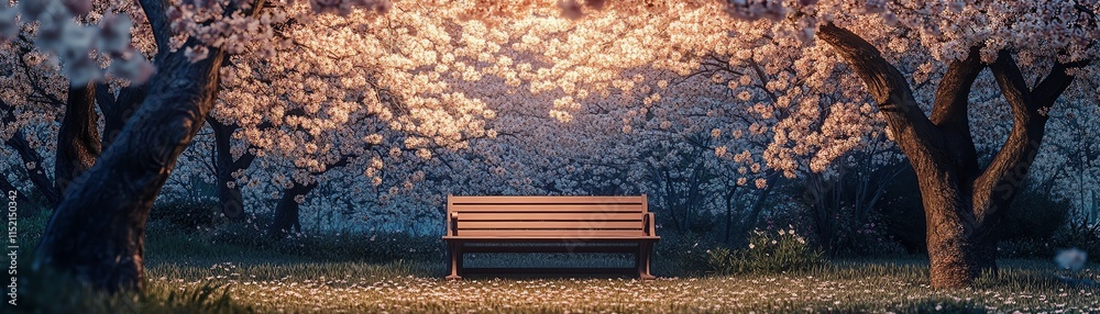 Serene park bench under blossoming cherry trees at sunset, creating a tranquil atmosphere. Serene park bench under blossoming cherry trees at sunset, creating a tranquil atmosphere.