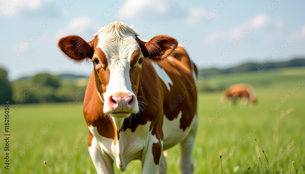 Close-up of a Beautiful Spotted Cow in a Lush Green Meadow Close-up of a Beautiful Spotted Cow in a Lush Green Meadow