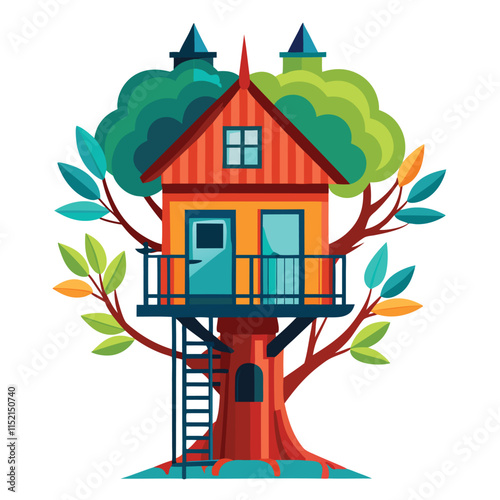Whimsical Treehouse: A charming, colorful treehouse nestled amongst vibrant foliage, with inviting details and an open door ready for adventure.