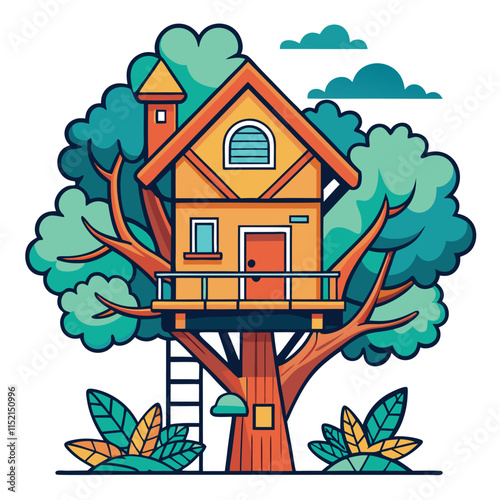 Treehouse Dream: An inviting illustration of a vibrant treehouse nestled in a lush green tree, a whimsical escape for playful imaginations, capturing the essence of childhood and adventure.