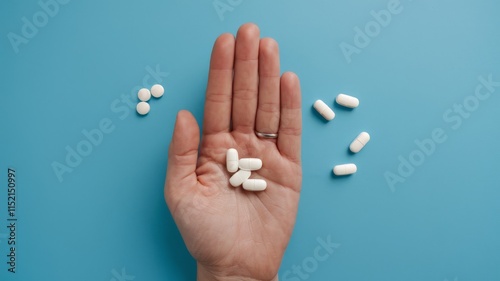 Hand and medicine pills, health and health care concept.