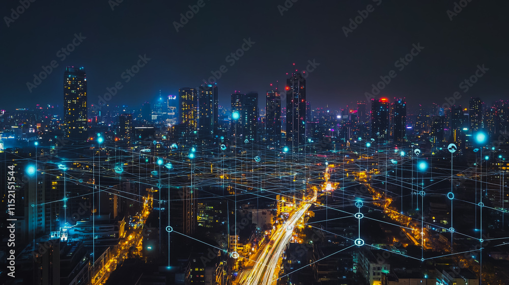 Obraz premium Smart digital city with connection cyber security network reciprocity over the cityscape . future smart wireless digital city and social media networking systems that connects people within the city