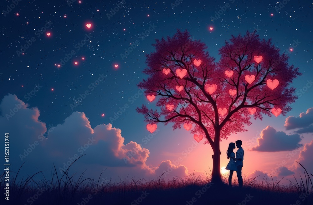 Magical Valentine's Day Banner - Dreamy Night Sky with Heart Constellations and Silhouette Couple Magical Valentine's Day Banner - Dreamy Night Sky with Heart Constellations and Silhouette Couple