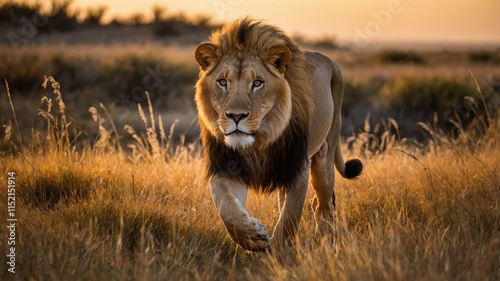 Wild lion prowling through African savanna