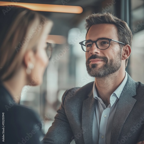 A man and woman engage thoughtfully in a modern professional space.