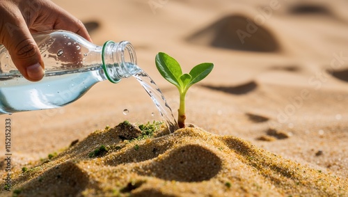 Nurturing a sprout in dry sandy soil with fresh water photo