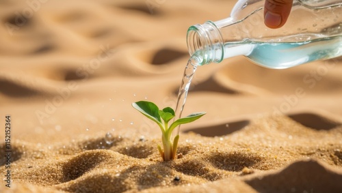 Nurturing a sprout in dry sandy soil with fresh water