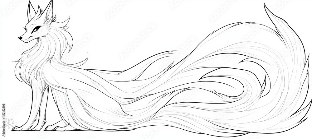 Nine-Tailed Fox Line Art, Mythical Creature Illustration for Coloring Books and Design Nine-Tailed Fox Line Art, Mythical Creature Illustration for Coloring Books and Design