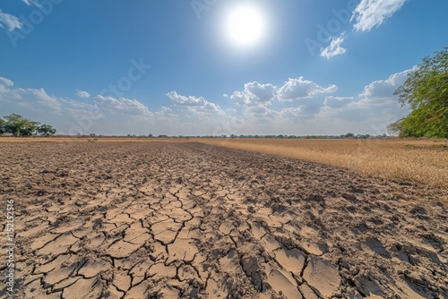 Cracked Fields Under Intense Midday Sun Rural Heatwave Landscape