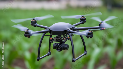 A drone equipped with a high-resolution camera flying over a lush green field, capturing aerial footage for agriculture and technology applications. photo