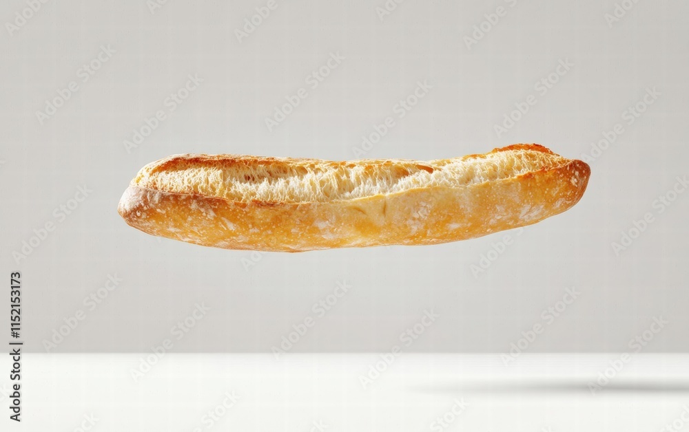 A freshly baked baguette floating mid-air with a golden crust, isolated on a white background