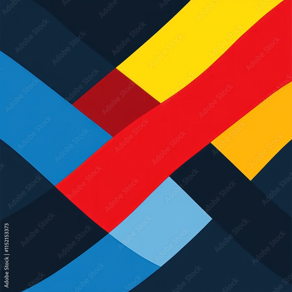 Abstract design with red, yellow, blue, and dark-blue intersecting stripes. Abstract design with red, yellow, blue, and dark-blue intersecting stripes.