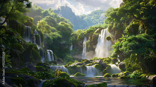 A cascading waterfall surrounded by lush greenery and moss-covered rocks