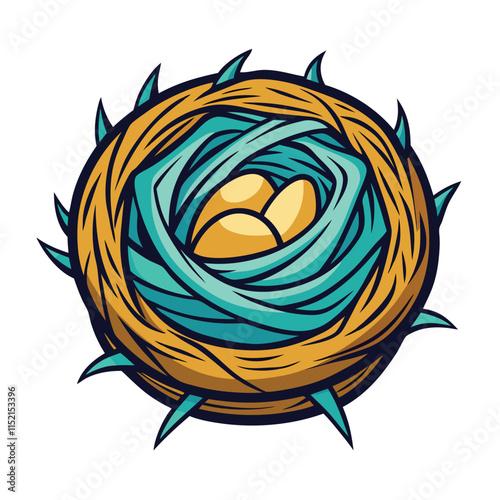 Nest of Promise: A vibrantly illustrated bird's nest, meticulously crafted and cradling golden eggs, symbolizing new beginnings and the nurturing aspect of life.