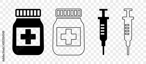 Set of Medical Icons Featuring Medicine Jars and Syringes in Solid and Outline Styles