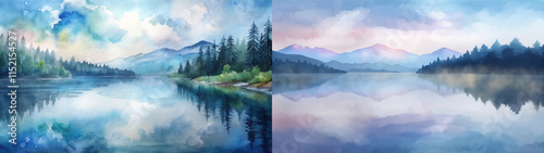 Serene watercolor landscape featuring mountains and reflections in a tranquil lake setting.