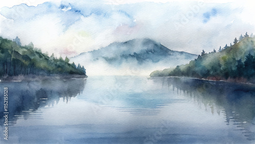 Misty watercolor landscape featuring a tranquil lake and lush greenery with distant mountains under soft clouds.