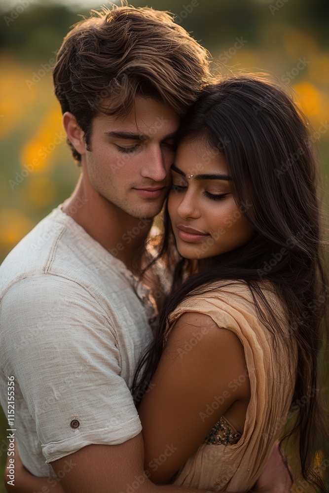 Couple embraces in a beautiful meadow filled with colorful flowers during golden hour, capturing a moment of love and intimacy in nature's serene setting Couple embraces in a beautiful meadow filled with colorful flowers during golden hour, capturing a moment of love and intimacy in nature's serene setting