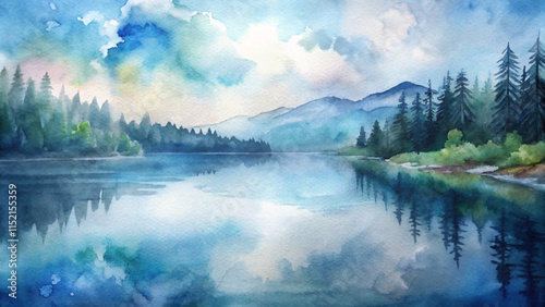 Vibrant watercolor painting of a serene lake surrounded by lush trees and distant mountains under a bright sky.
