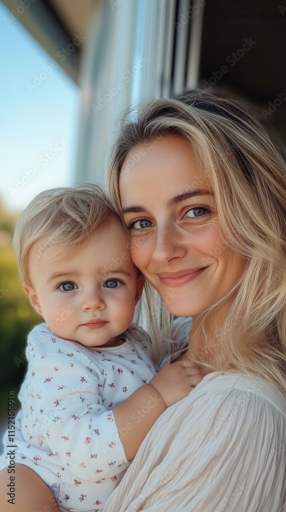 Mother and baby enjoying a sunlit moment together in a cozy home setting on a warm afternoon Mother and baby enjoying a sunlit moment together in a cozy home setting on a warm afternoon