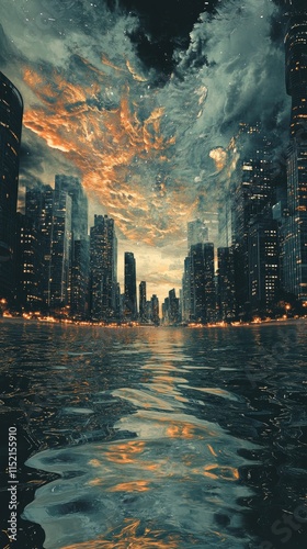 Cityscape Submerged in Water with Fiery Sky photo