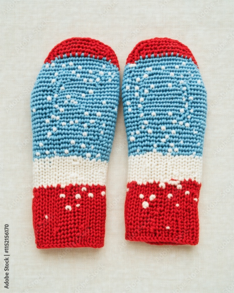 A pair of hand-knitted mittens featuring a vibrant red, white, and blue pattern, perfect for winter warmth. A pair of hand-knitted mittens featuring a vibrant red, white, and blue pattern, perfect for winter warmth.