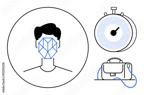 Human face with geometric facial recognition lines, clock timer, leather briefcase. Ideal for technology, security, identity verification, time management, professional settings, biometric systems