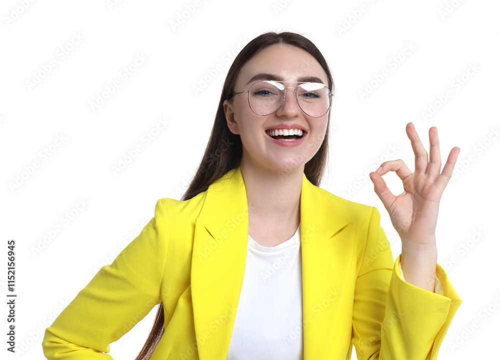 Happy young woman showing OK gesture on white background Happy young woman showing OK gesture on white background