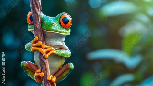 Adorable Tree Frog on Branch - A cute frog clings to a branch, symbolizing nature, friendship, serenity, whimsy, and joy.