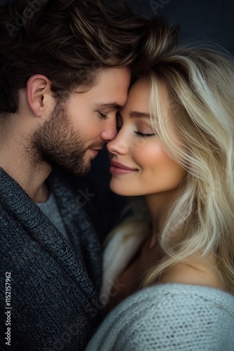 Couple sharing a tender moment in an intimate embrace with soft lighting highlighting their affection in a cozy indoor setting