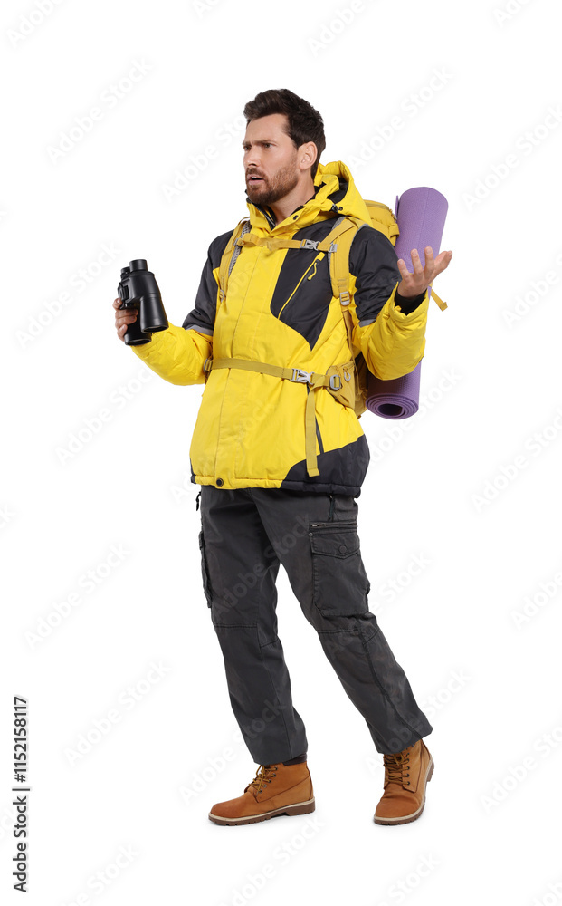 Man with backpack and binoculars on white background. Active tourism Man with backpack and binoculars on white background. Active tourism