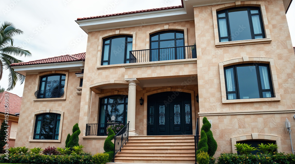 A two-story beige house with multiple arched windows and a dark-colored front door. Landscaping is visible in the foreground. The house has a red tile roof and is accented with white trim. A two-story beige house with multiple arched windows and a dark-colored front door. Landscaping is visible in the foreground. The house has a red tile roof and is accented with white trim.