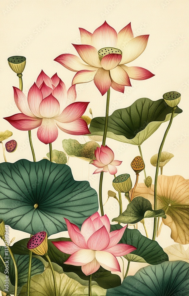 Fototapeta premium Colorful lotus flowers bloom among green leaves in a serene pond setting during daytime in a tranquil botanical garden