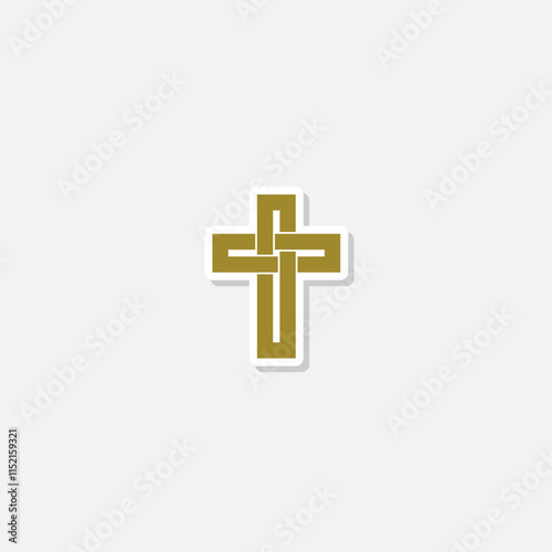 Gold christian cross icon sticker isolated on gray background