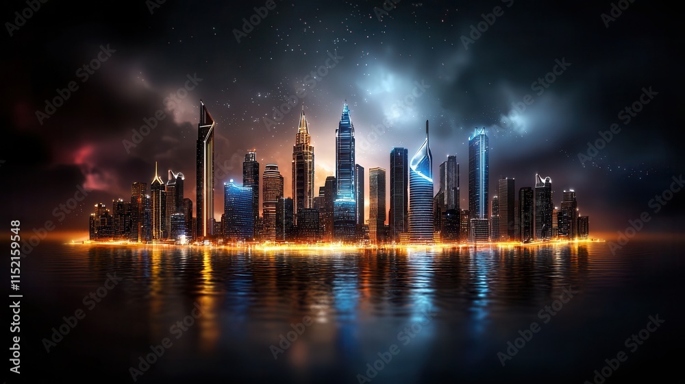 Fototapeta premium A stunning skyline at night, featuring illuminated skyscrapers reflecting on water, set against a dark, atmospheric background.
