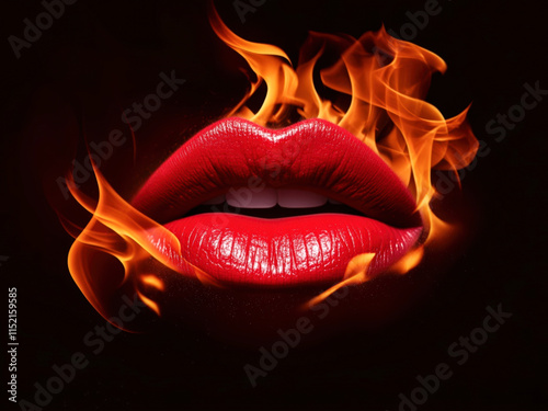 Bright red lips surrounded by vibrant flames create a striking and captivating visual effect