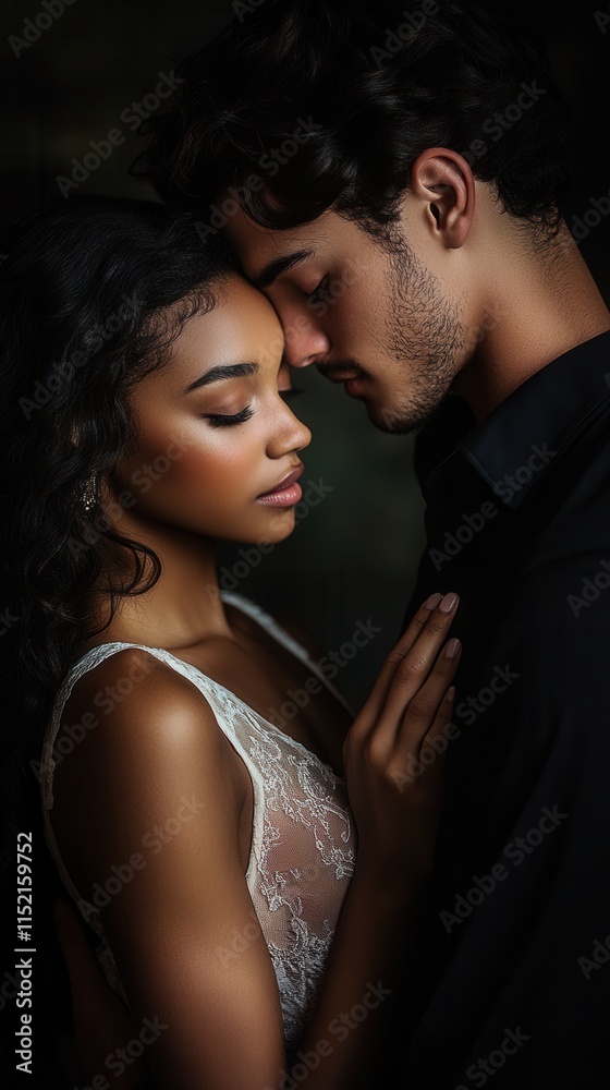 Couple embracing tenderly in intimate moment, showcasing deep connection and affection in soft lighting setting Couple embracing tenderly in intimate moment, showcasing deep connection and affection in soft lighting setting