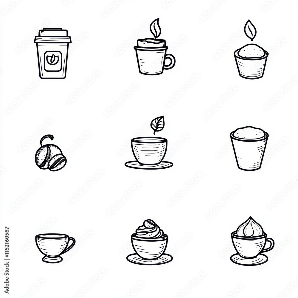 A collection of hand-drawn coffee and dessert icons, featuring cups, a muffin, and a plant in a pot. A collection of hand-drawn coffee and dessert icons, featuring cups, a muffin, and a plant in a pot.