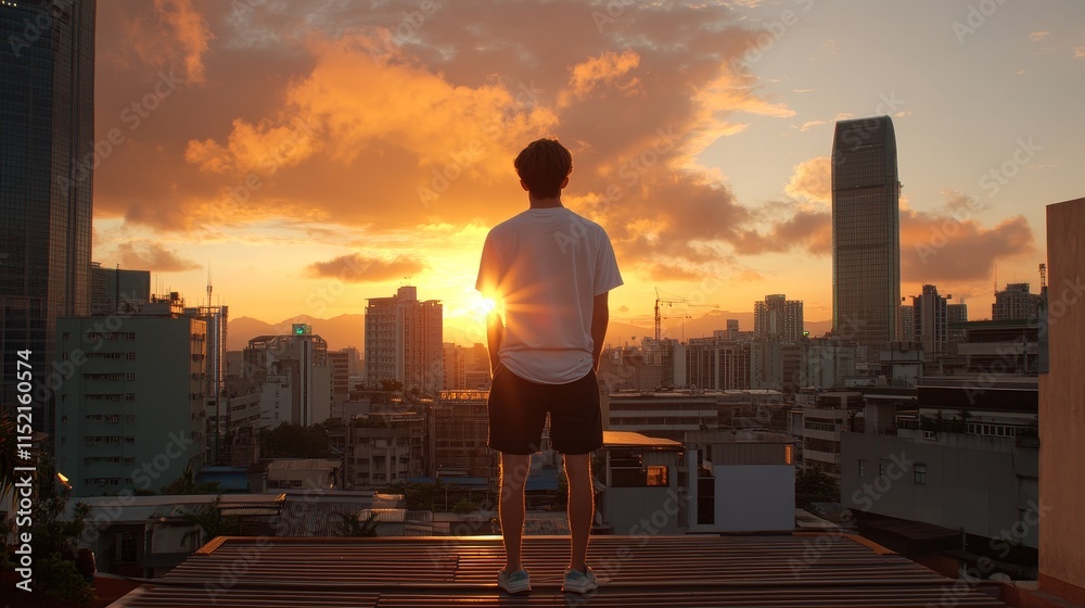 Fototapeta premium Cityscape Sunset View - Man silhouetted against vibrant sunset, cityscape, achievement, contemplation, hope.