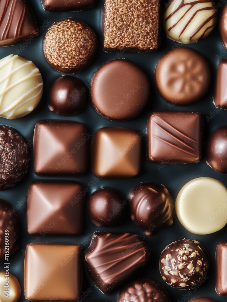 Assorted chocolates displayed on a dark background showcasing various shapes and flavors for a tempting dessert experience Assorted chocolates displayed on a dark background showcasing various shapes and flavors for a tempting dessert experience