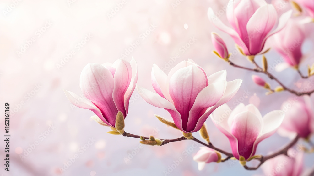 Beautiful pink magnolia flowers bloom on a branch in soft light during spring season Beautiful pink magnolia flowers bloom on a branch in soft light during spring season