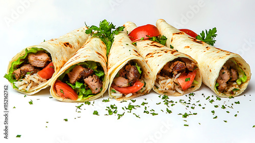 Delicious Mediterranean Wraps with Grilled Meat and Rice. Close-up of several flavorful Mediterranean wraps filled with grilled meat, rice, and fresh vegetables. photo