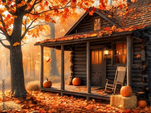 Cozy autumn cabin surrounded by colorful leaves and pumpkins in a serene forest setting photo